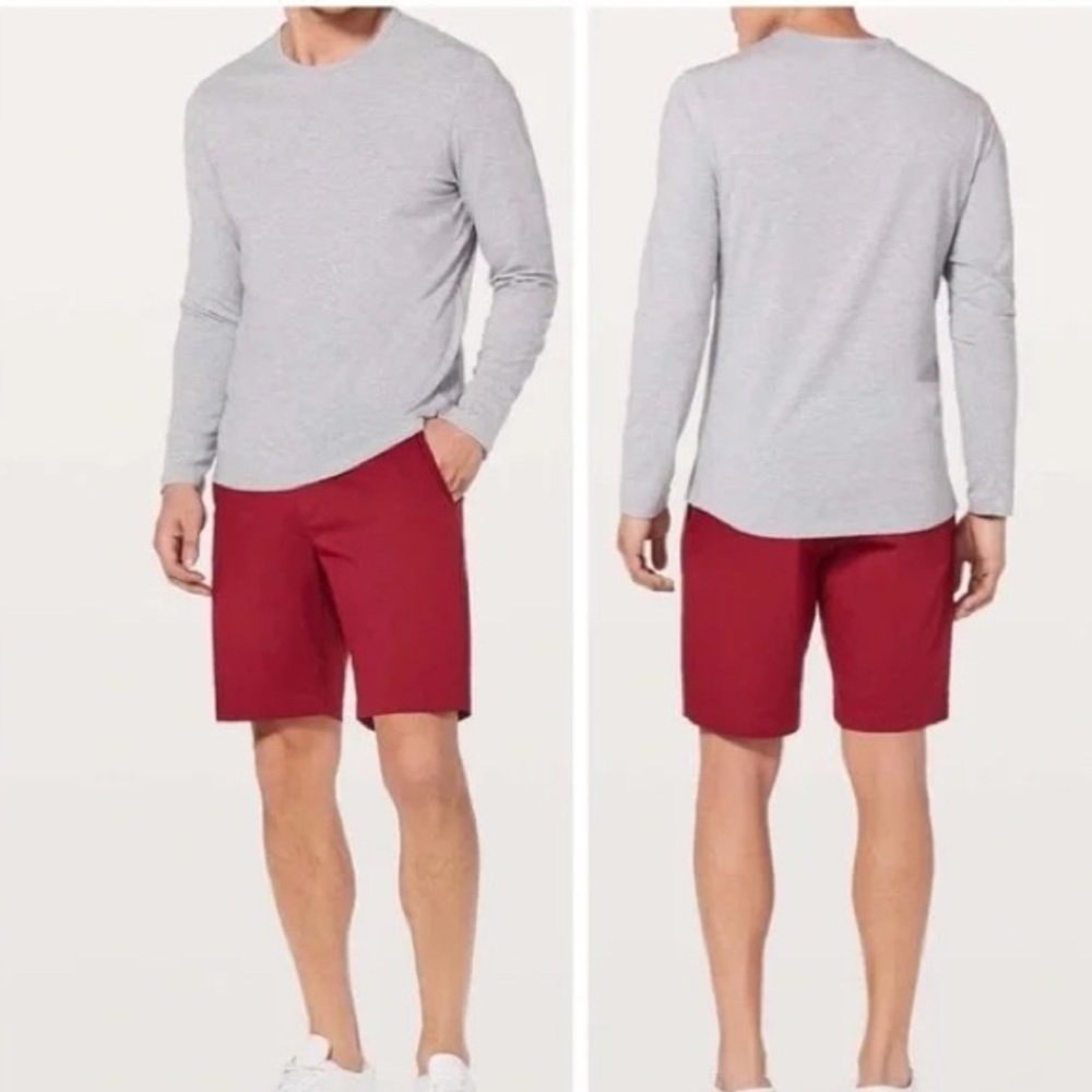 THREE PAIR of Lululemon Men’s Commission Shorts in navy, olive & khaki. Size 30